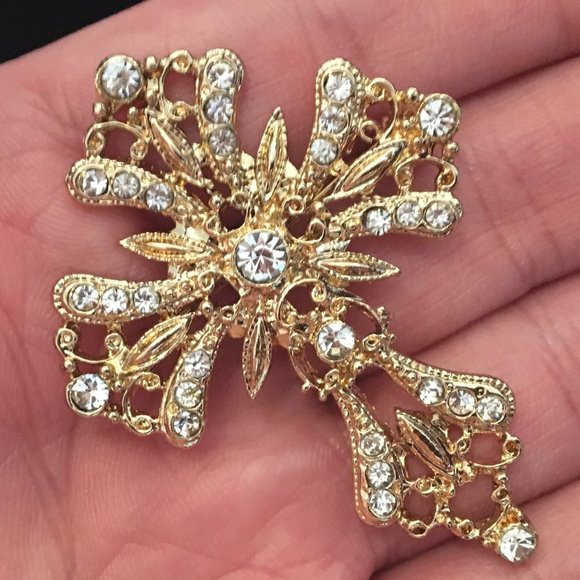 Brooch Large Cross Vintage Retro 80's Crystals Golden Ornate Women's Jewelry - Picture 11 of 11